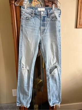 MOTHER Light Blue Slim Straight Distressed Jeans